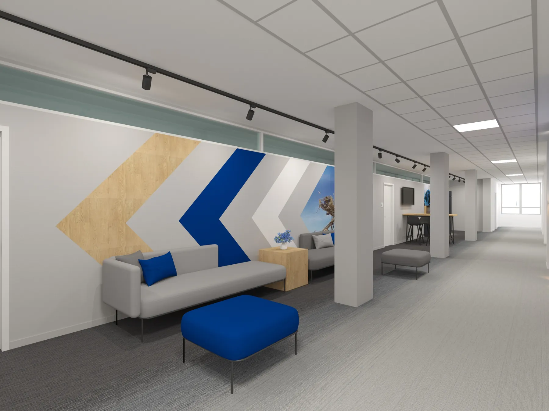 3D-Visualisierung des Loungebereichs mit KOCH-Pfeil an der Wand