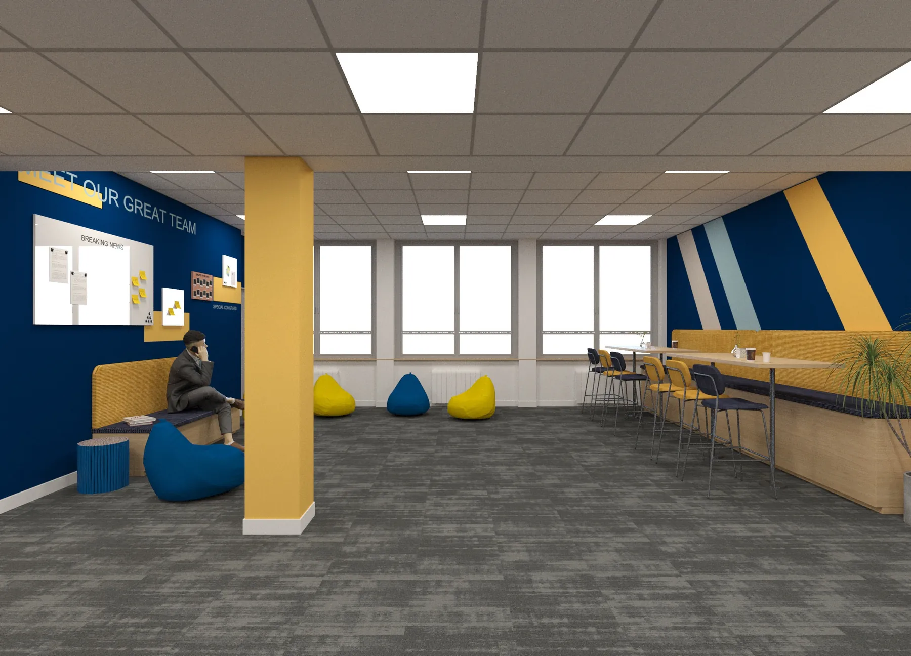 3D-Visualisierung der Meet’n’Greet Lounge für die Mitarbeitenden bei KOCH Solutions in St. Ingbert