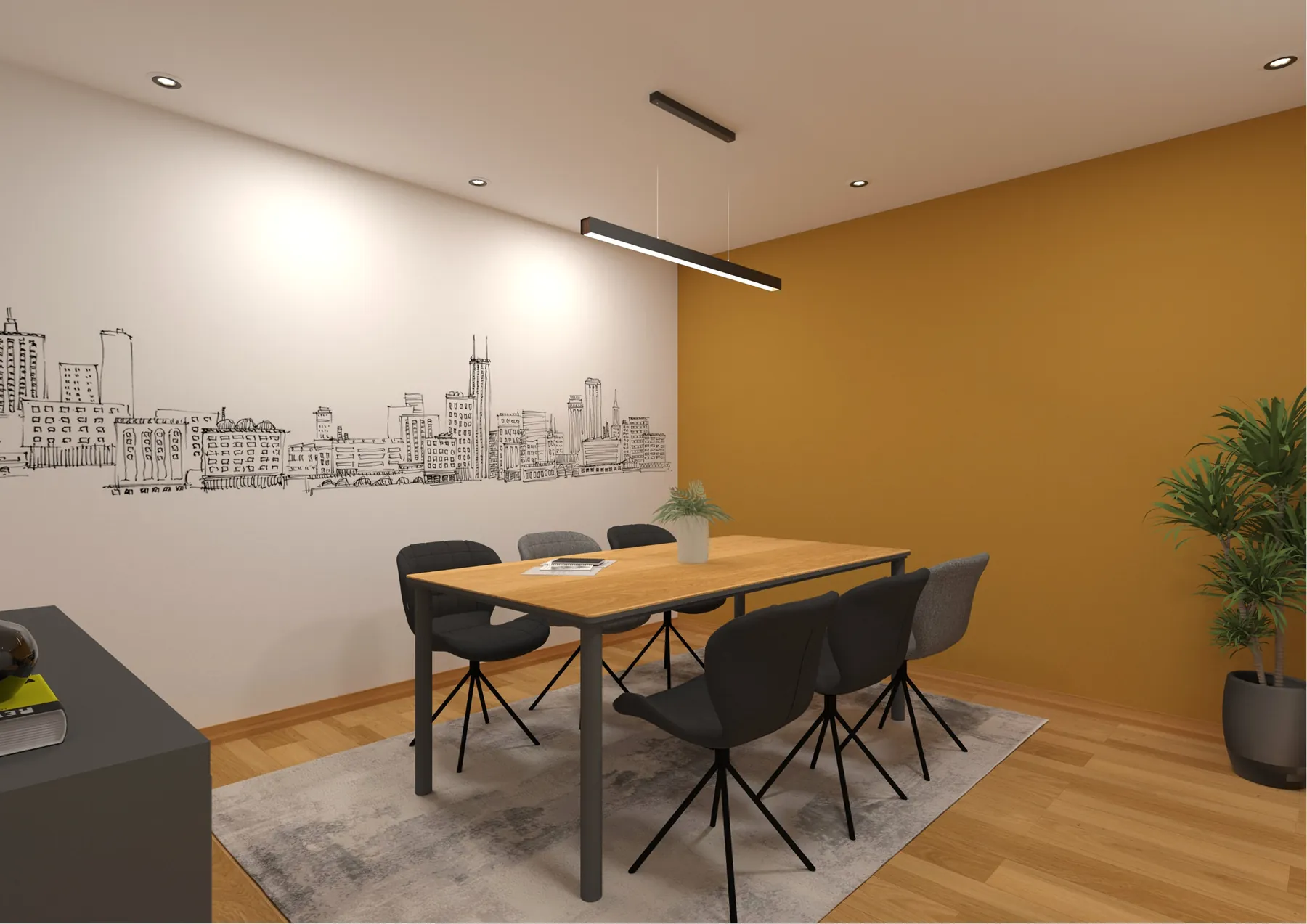 3D-Visualisierung des Entwurfs: Besprechungstisch vor ockerfarbener Wand mit Skyline-Wandbild