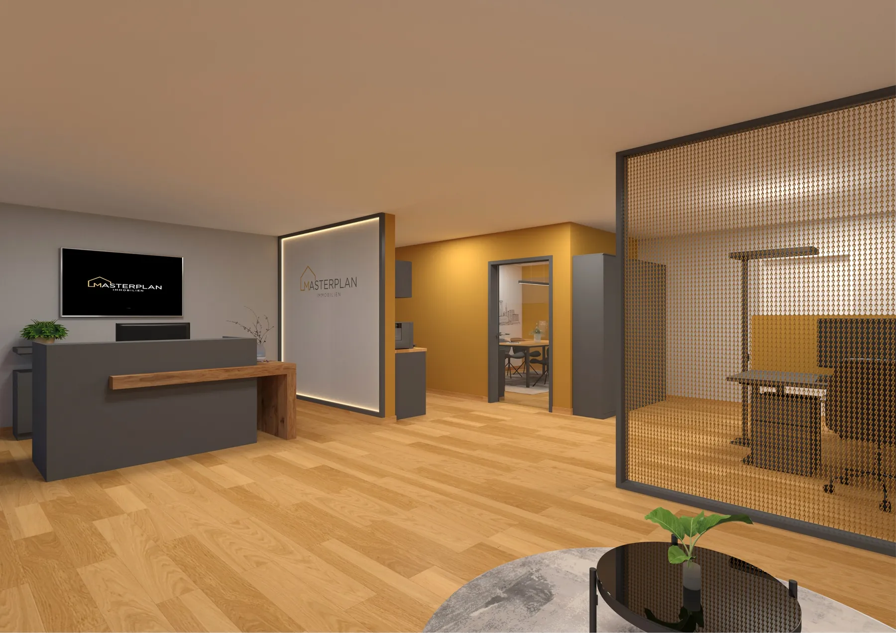 3D-Visualisierung des Entwurfs: Empfangstheke und verglaster Besprechungsraum im Flagstore von Masterplan Immobilien