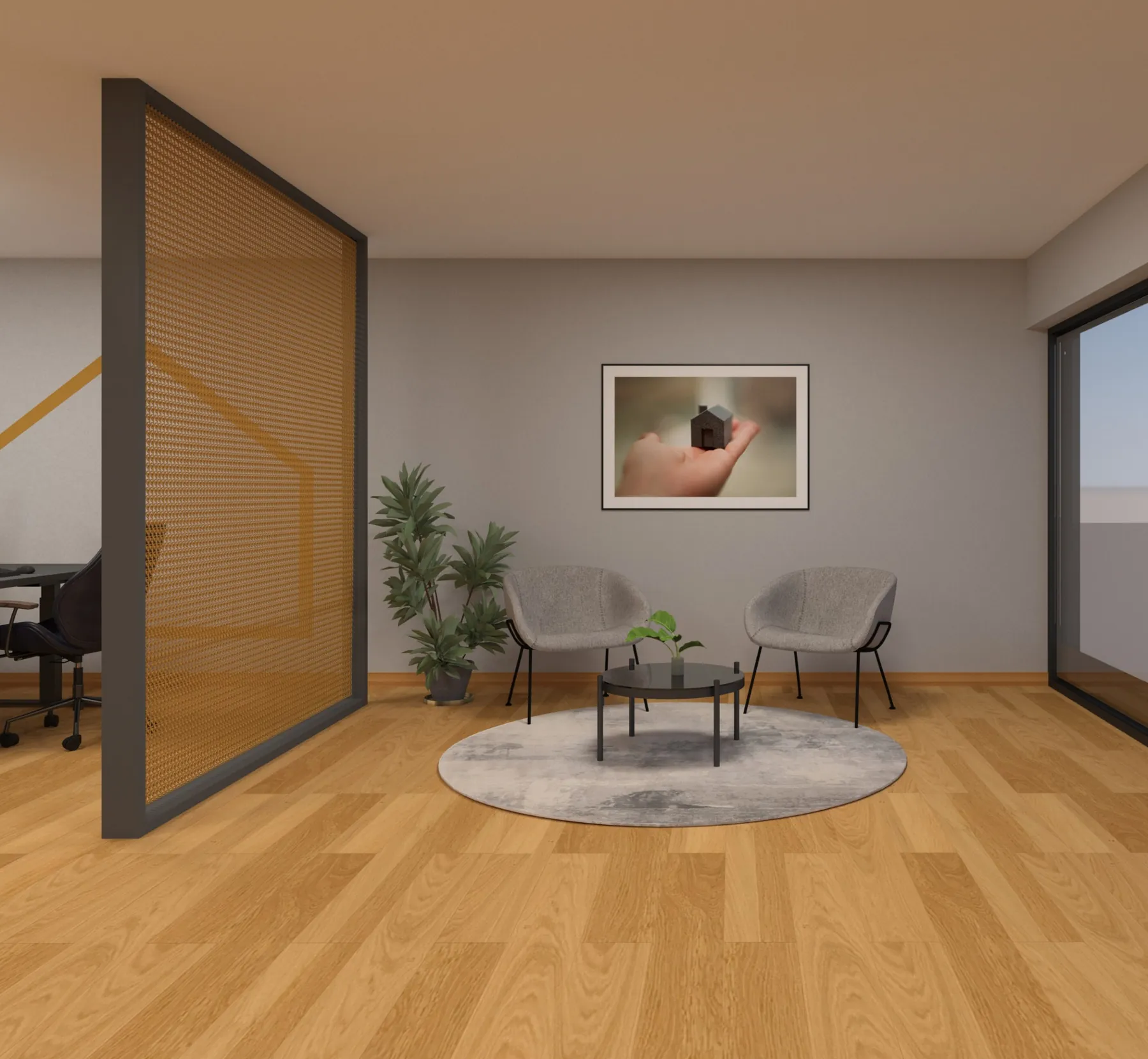 3D-Visualisierung des Entwurfs: Sitzecke hinter Glaswand mit Messingrahmen