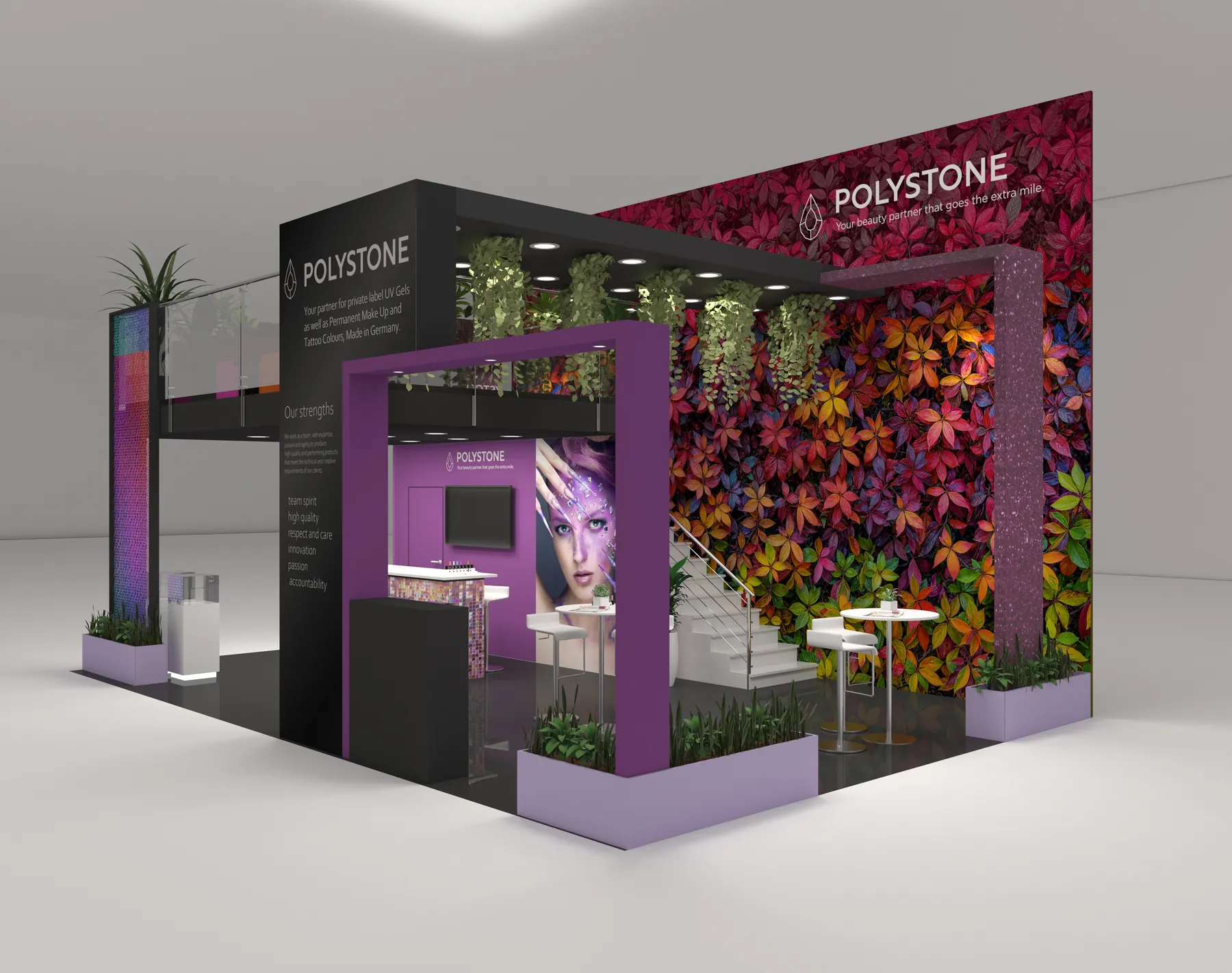 3D-Visualisierung: zweigeschossiger Messestand von Polystone mit Pflanzenwand
