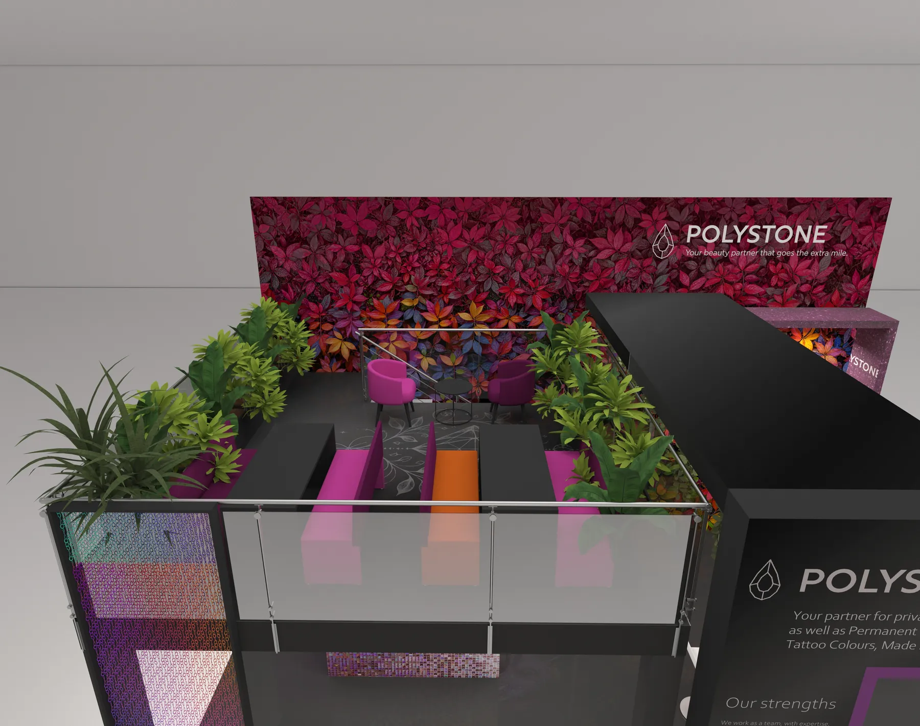 3D-Visualisierung: Lounge im Obergeschoss des Messestands von Polystone