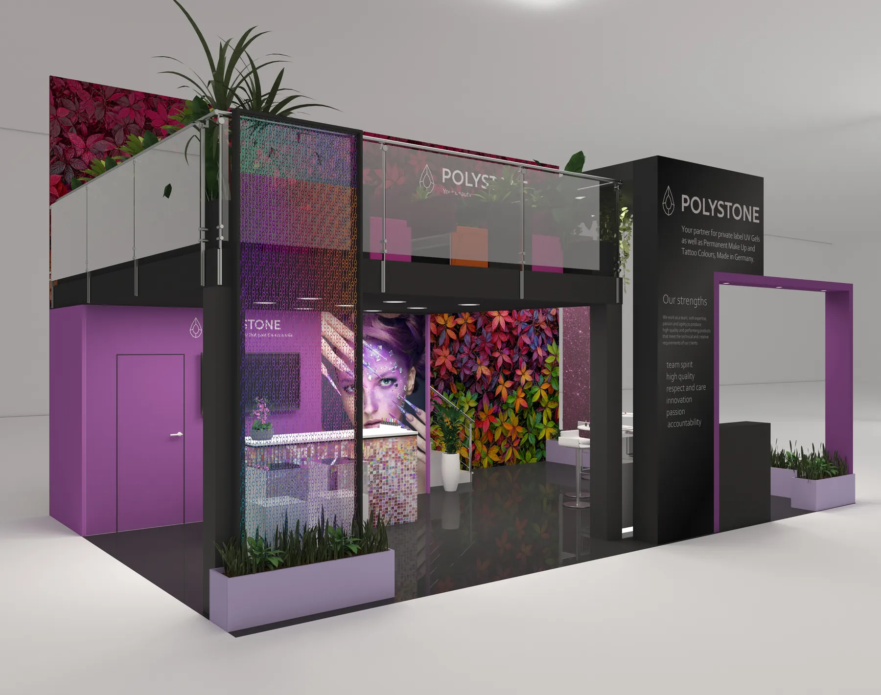 3D-Visualisierung: Seitenansicht des Messestands von Polystone
