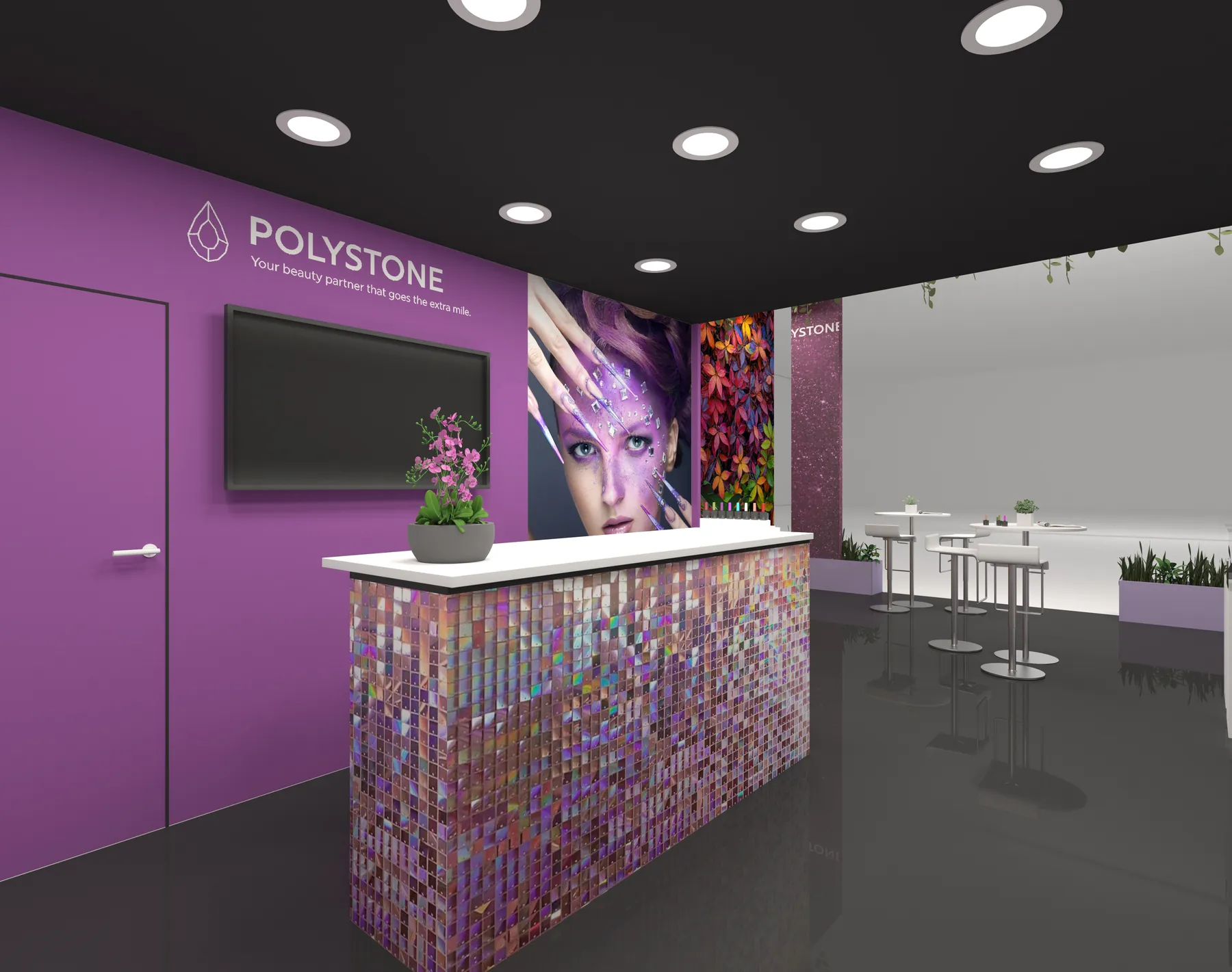 3D-Visualisierung: Theke mit Glitzerfront am Messestand von Polystone