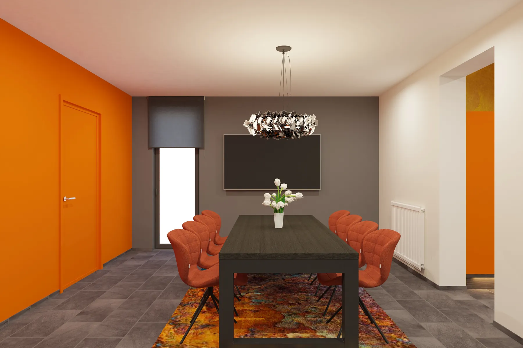 3D-Visualisierung: Besprechungsraum mit orangefarbenen Stühlen bei Polystone