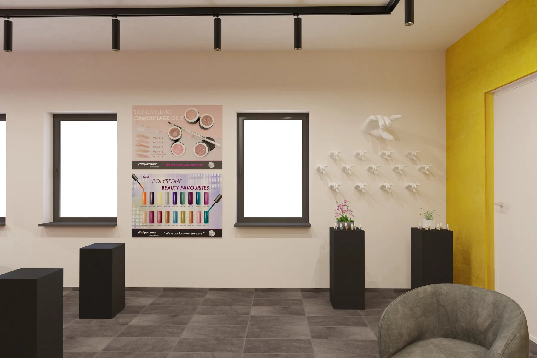 3D-Visualisierung: Präsentationswand mit Hand-Skulpturen im Showroom von Polystone