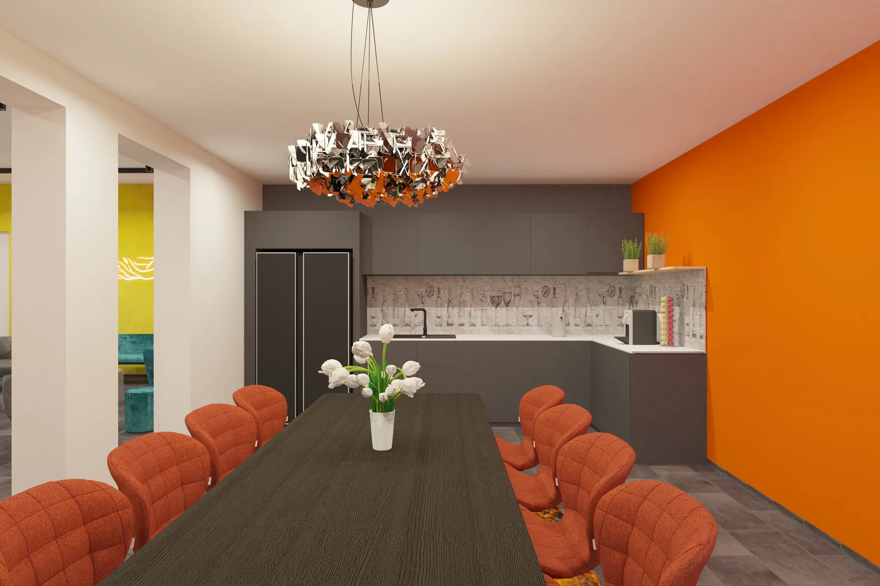 3D-Visualisierung: Besprechungstisch mit Küche im Showroom von Polystone