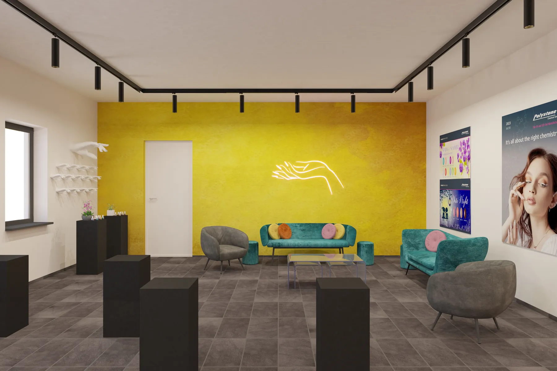 3D-Visualisierung: Lounge vor gelber Wand im Showroom von Polystone