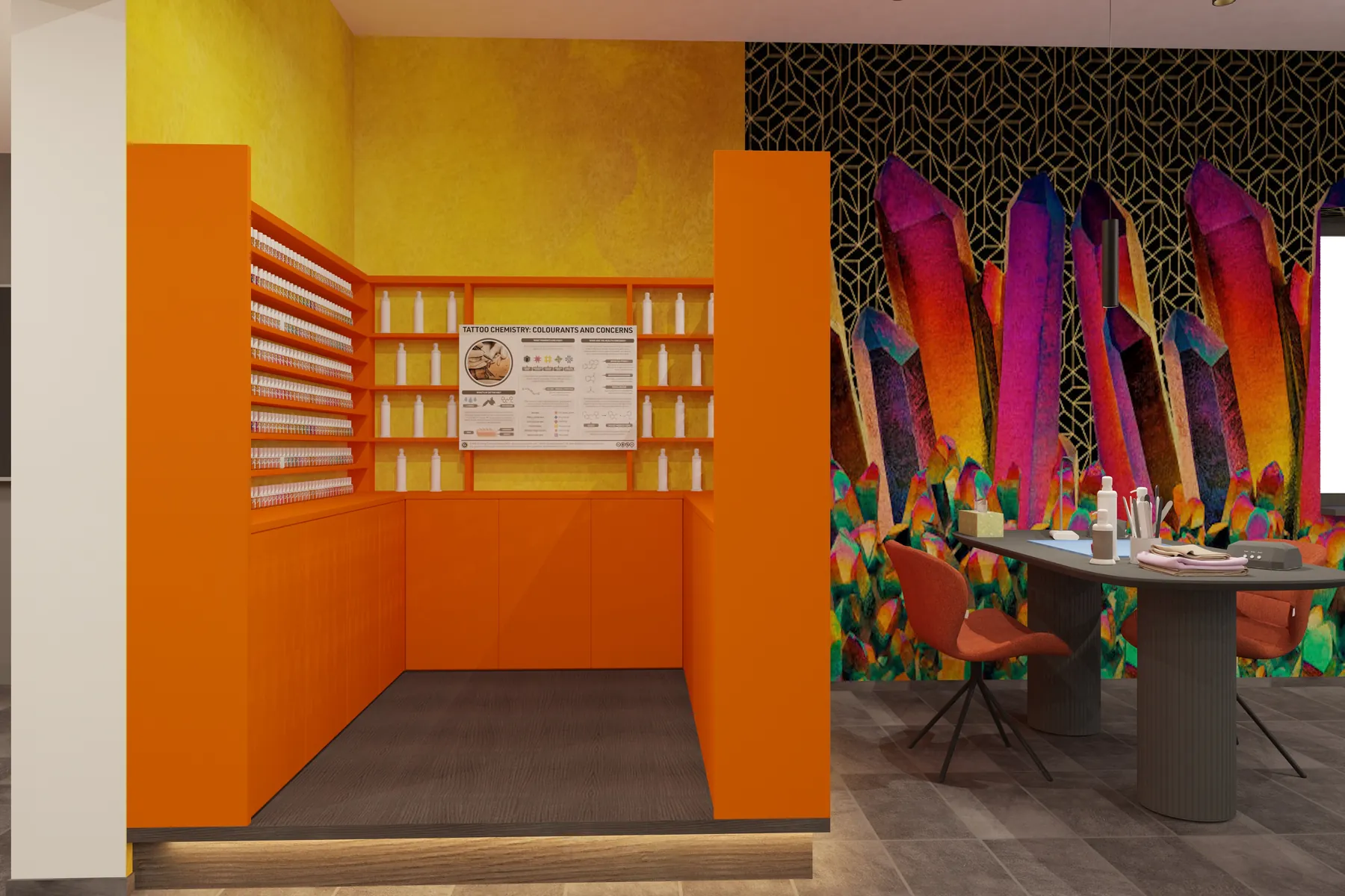 3D-Visualisierung: Regalwand in Orange und Arbeitstisch im Showroom von Polystone