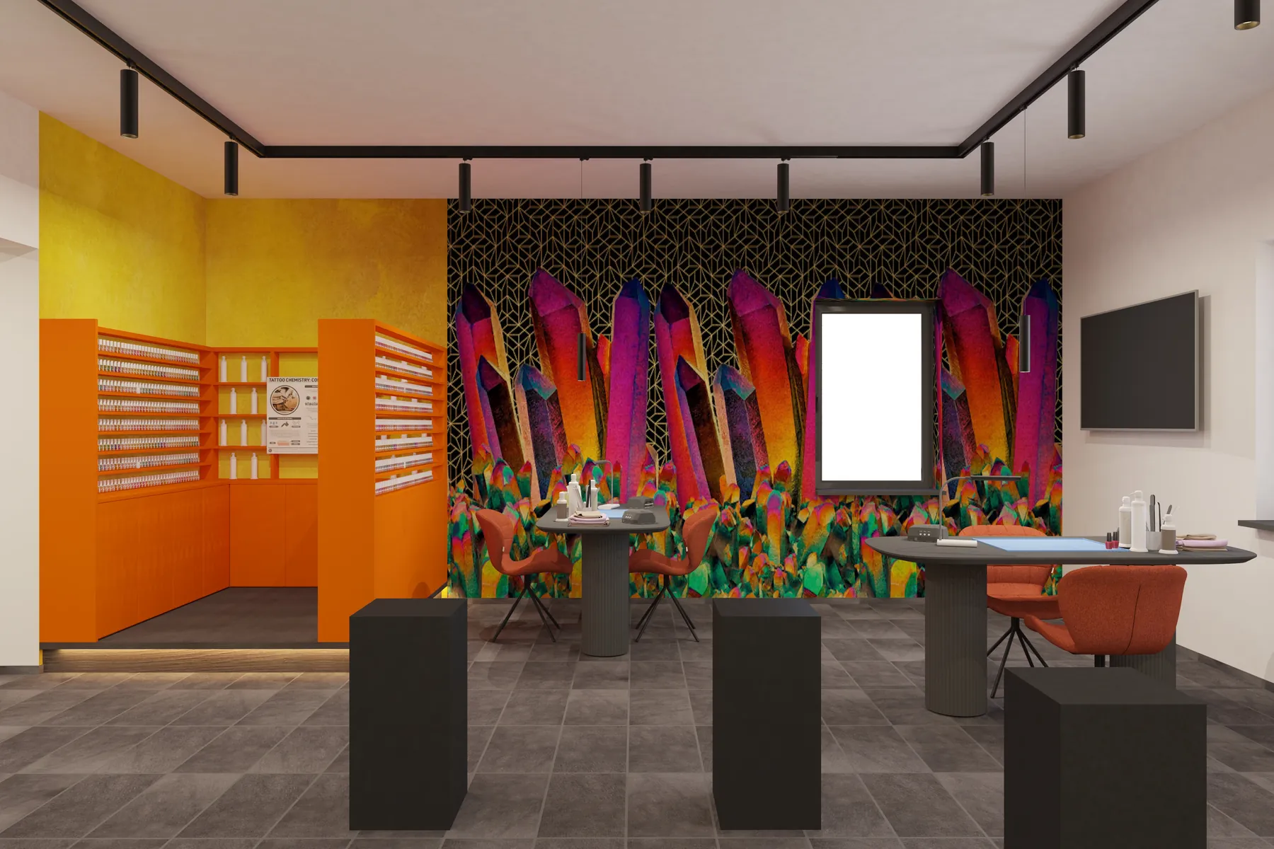 3D-Visualisierung: Showroom mit buntem Wandbild und orangefarbenen Regalen bei Polystone