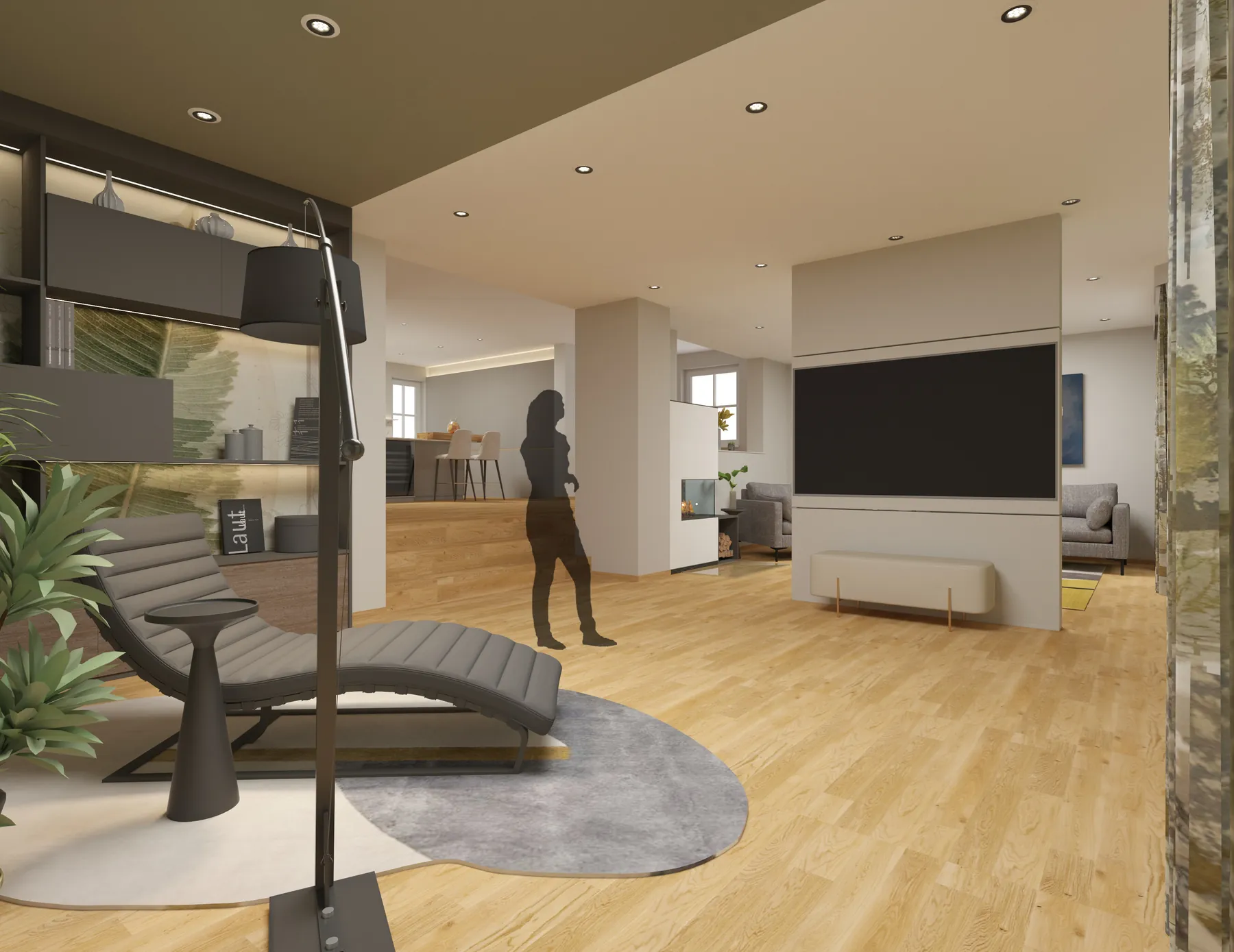 3D-Visualisierung: Blick vom Wohnbereich zum Raumteiler im Privathaus Ensheim