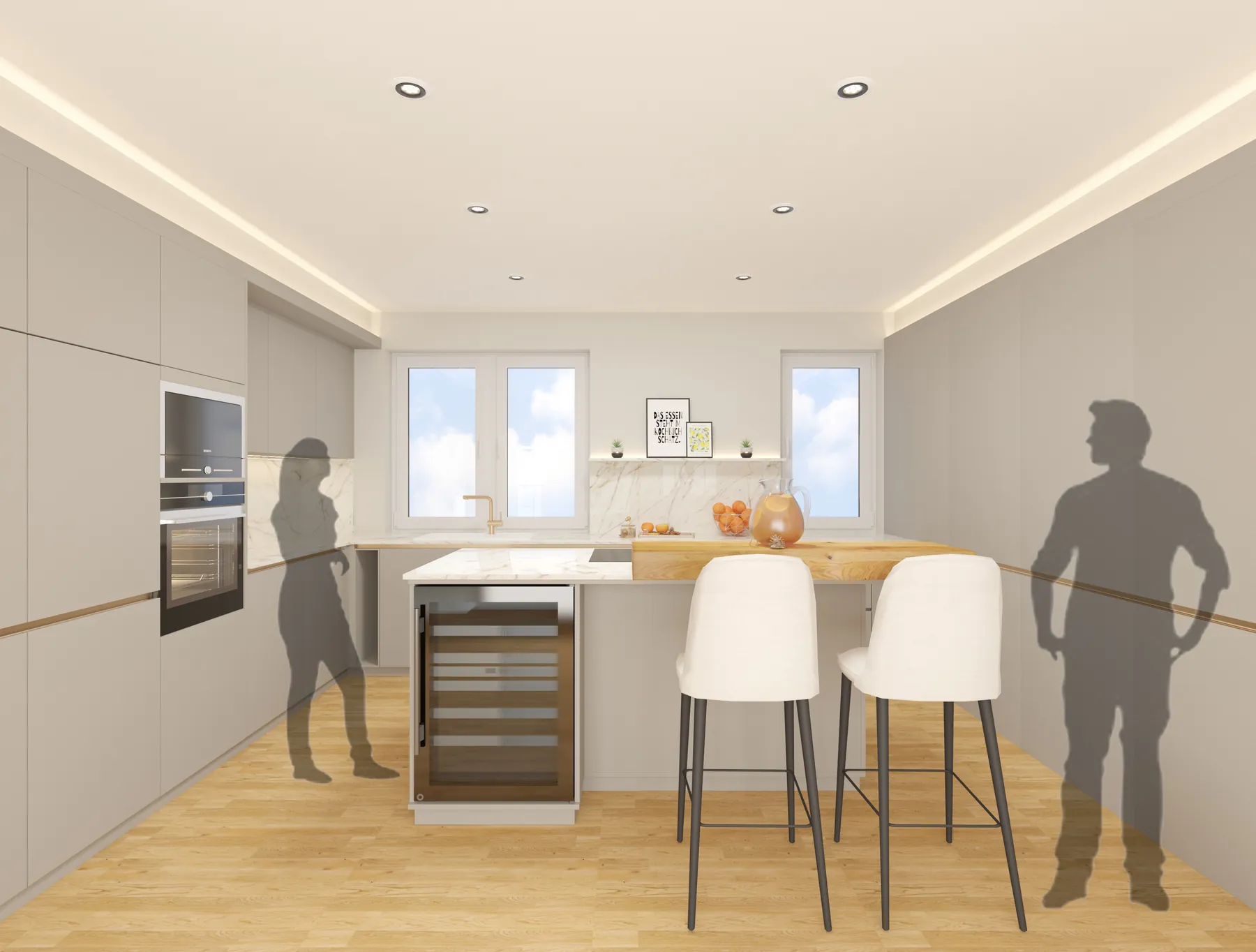 3D-Visualisierung: Küche mit Kochinsel, Holztheke und Barhockern im Privathaus Ensheim