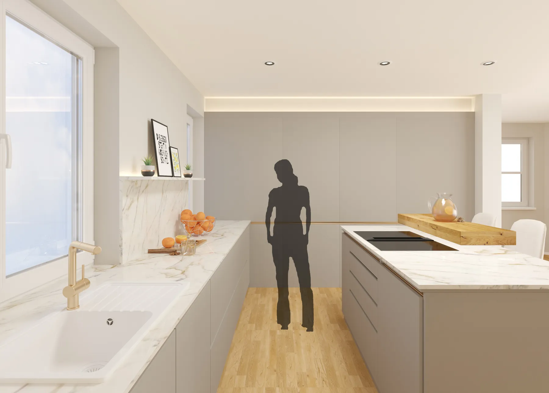 3D-Visualisierung: Küchenzeile mit Spüle am Fenster im Privathaus Ensheim
