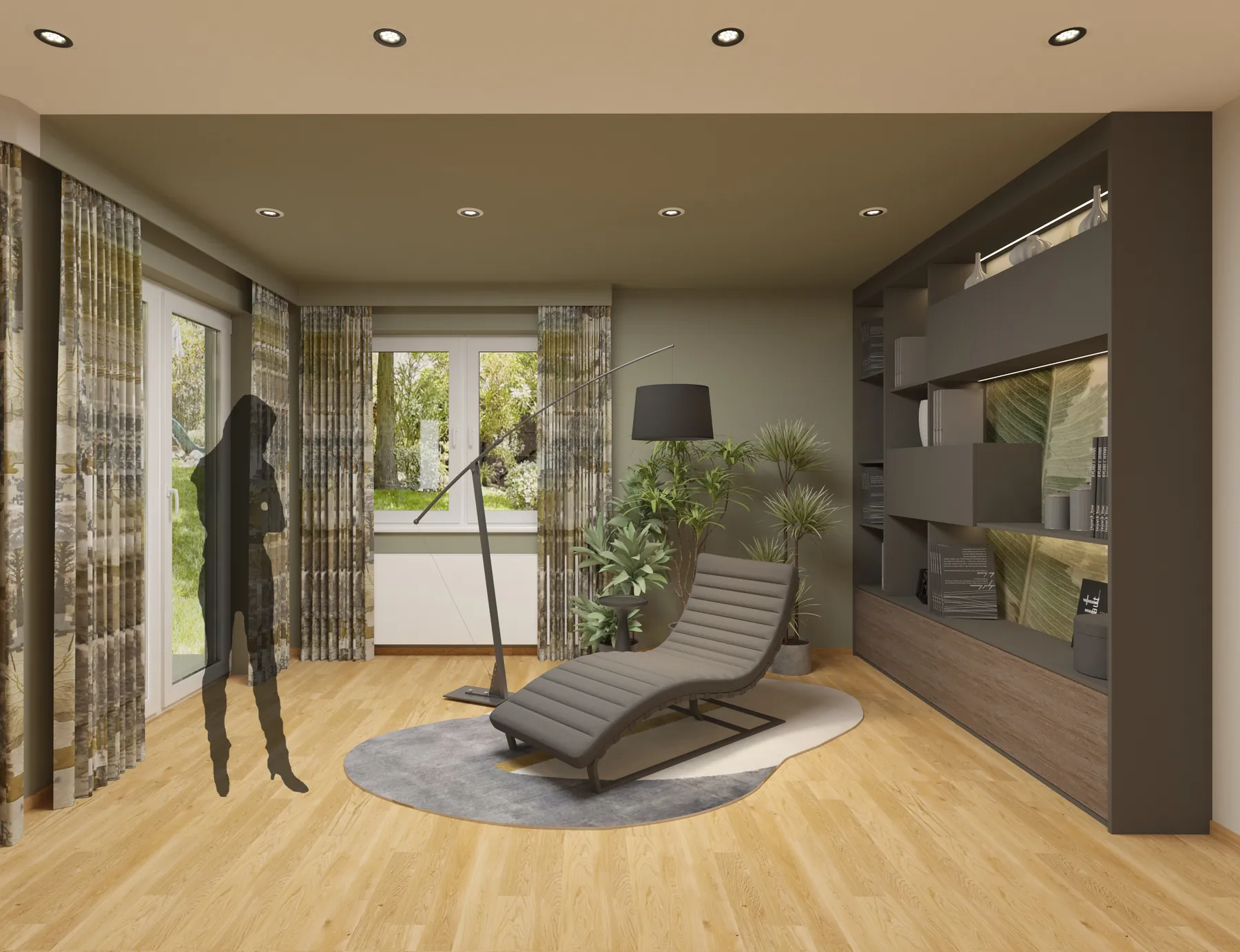 3D-Visualisierung: Leseecke mit Liege vor einer Regalwand im Privathaus Ensheim
