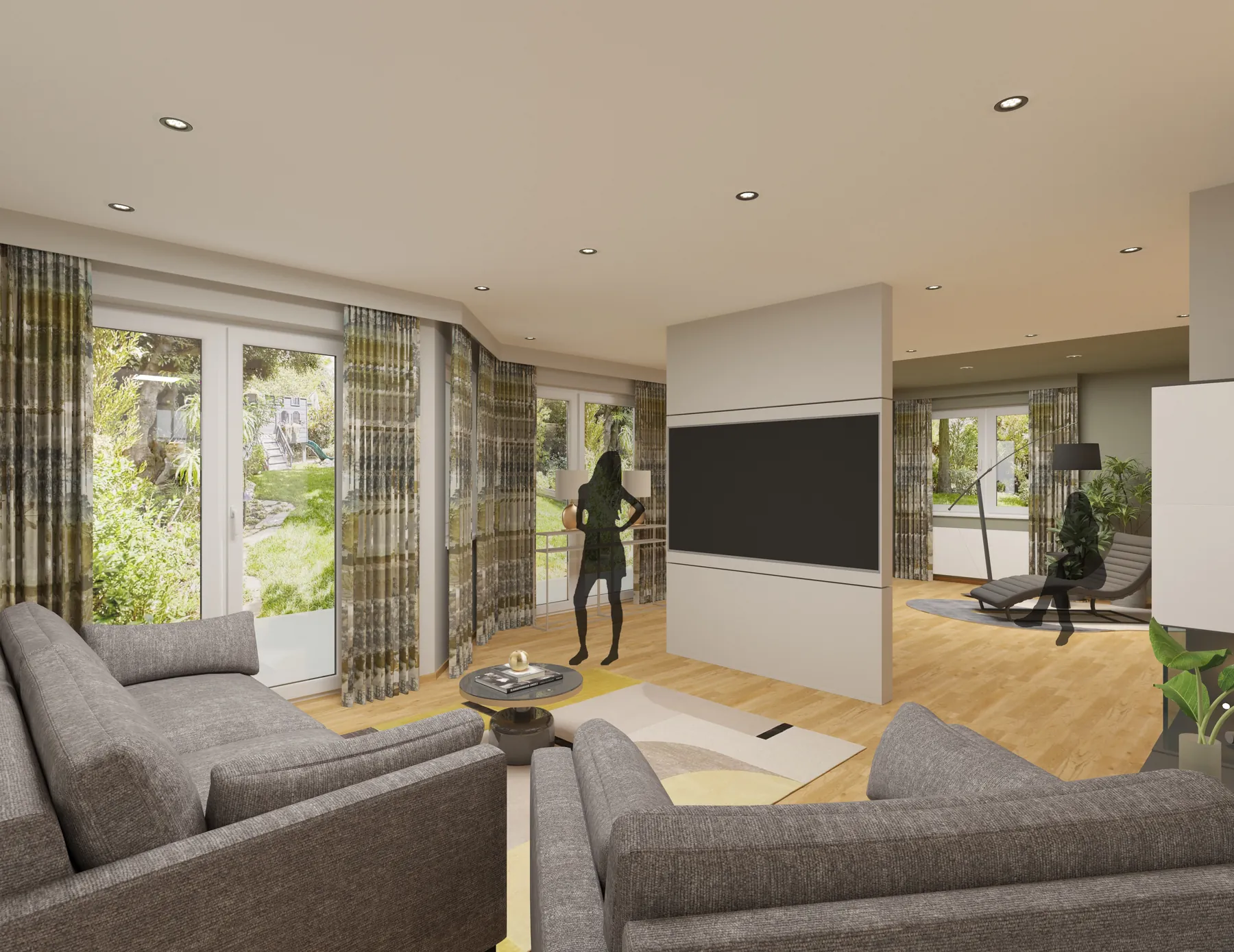 3D-Visualisierung: Wohnbereich mit Raumteiler und eingebautem Fernseher im Privathaus Ensheim
