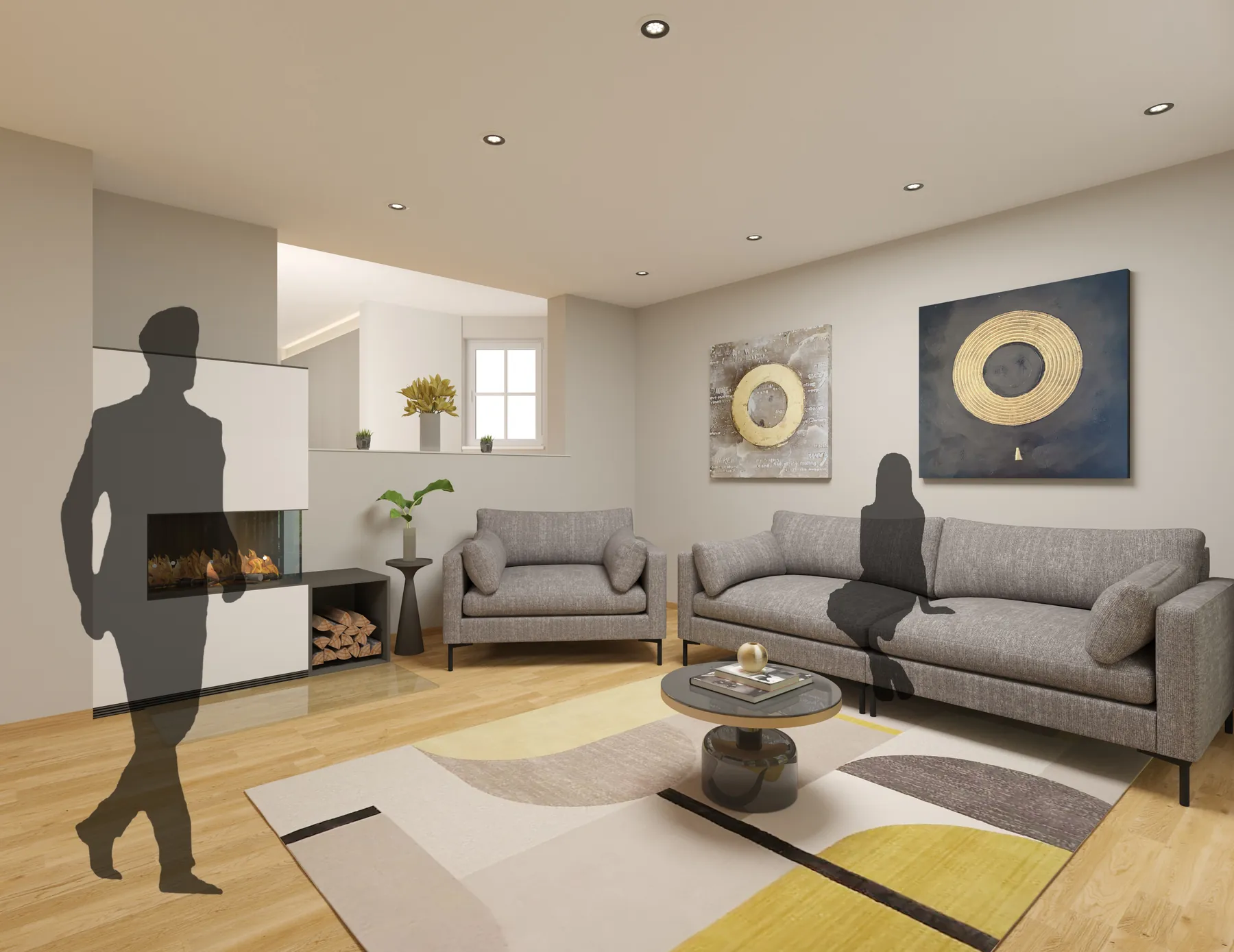 3D-Visualisierung: Wohnbereich mit Sofas, Kamin und Kunst an der Wand im Privathaus Ensheim
