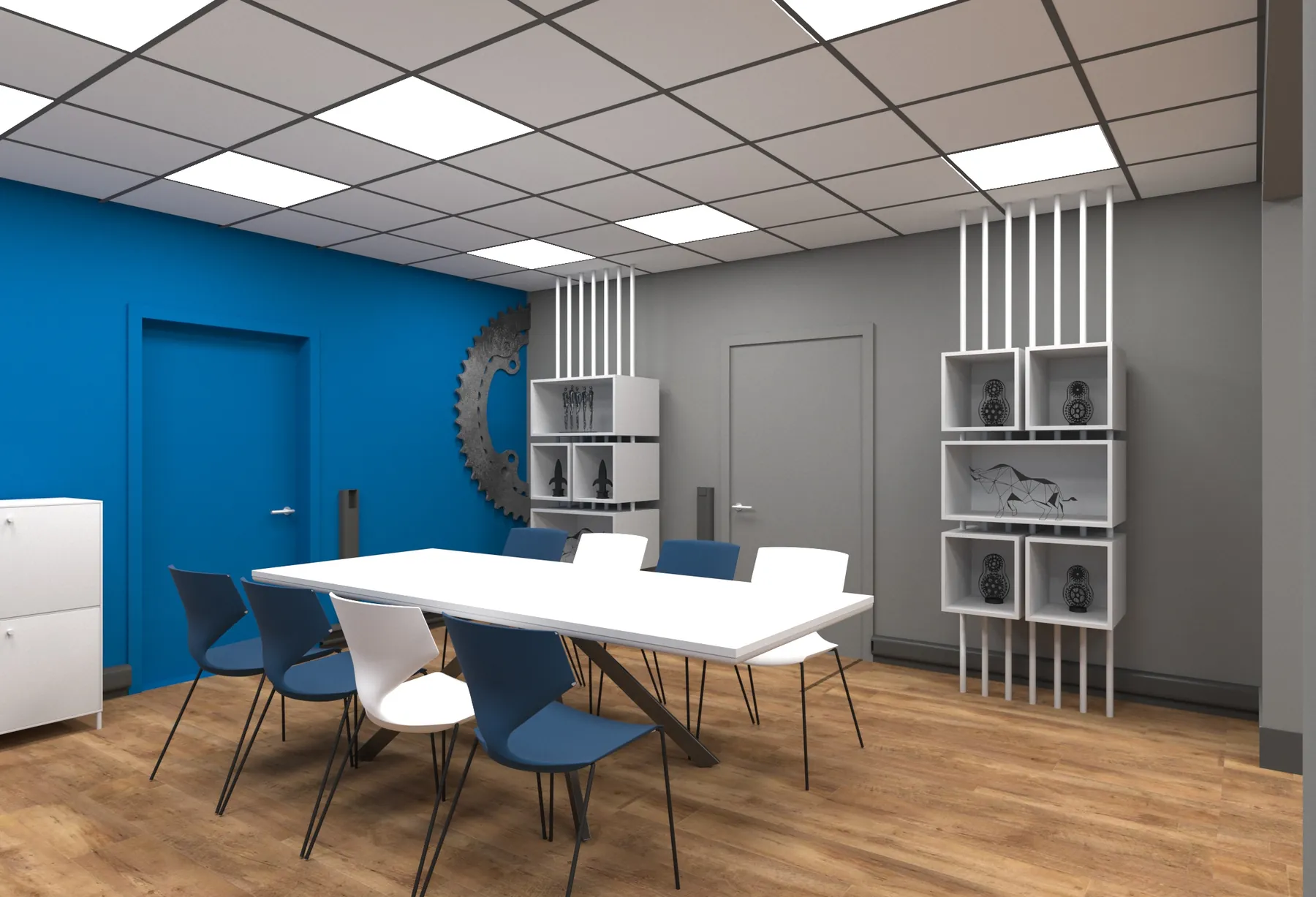 3D-Visualisierung: Besprechungstisch vor blauer Wand bei Profile Metallkonfektionen