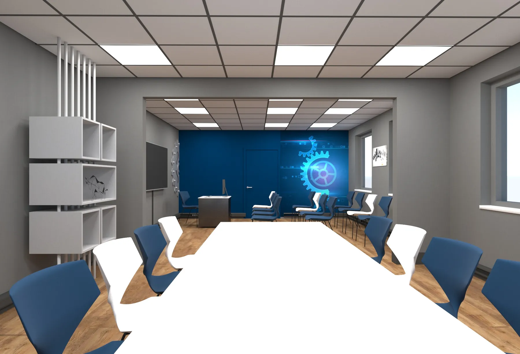 3D-Visualisierung: Büroetage mit langem Tisch und Zahnrad-Wandbild bei Profile Metallkonfektionen