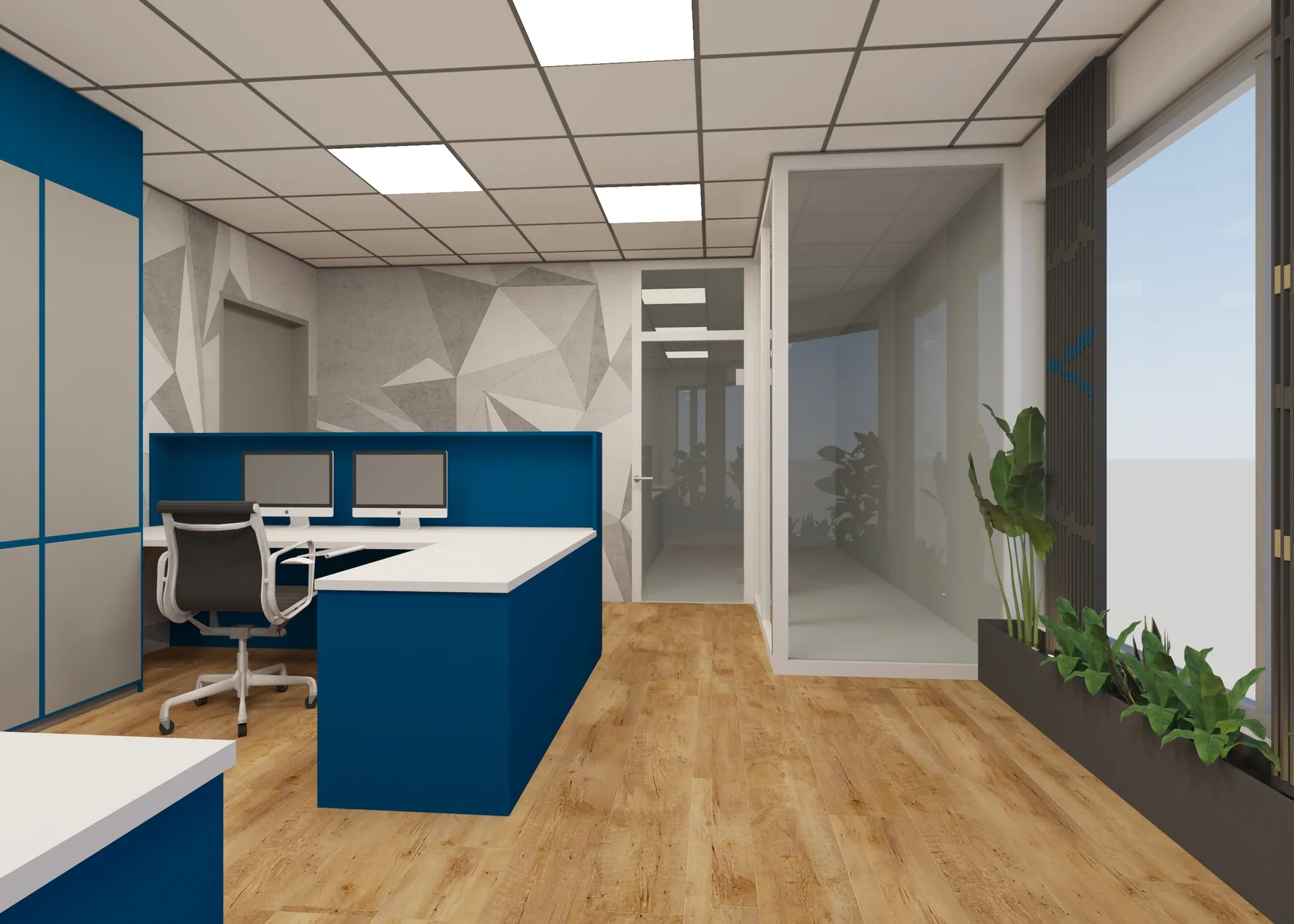 3D-Visualisierung: Arbeitsplatz am Empfang mit Pflanzbeet bei Profile Metallkonfektionen
