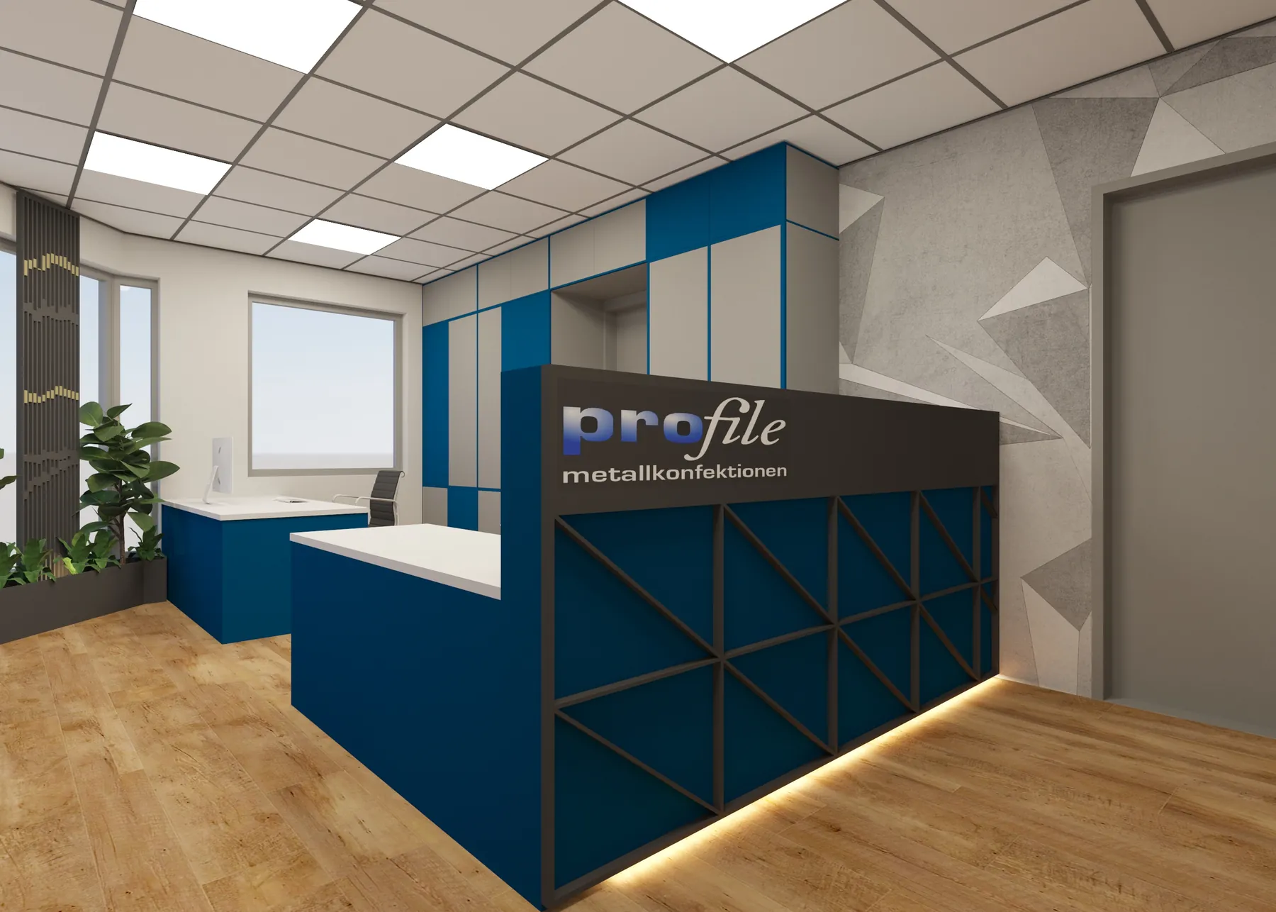 3D-Visualisierung: Empfangstheke mit Firmenlogo bei Profile Metallkonfektionen