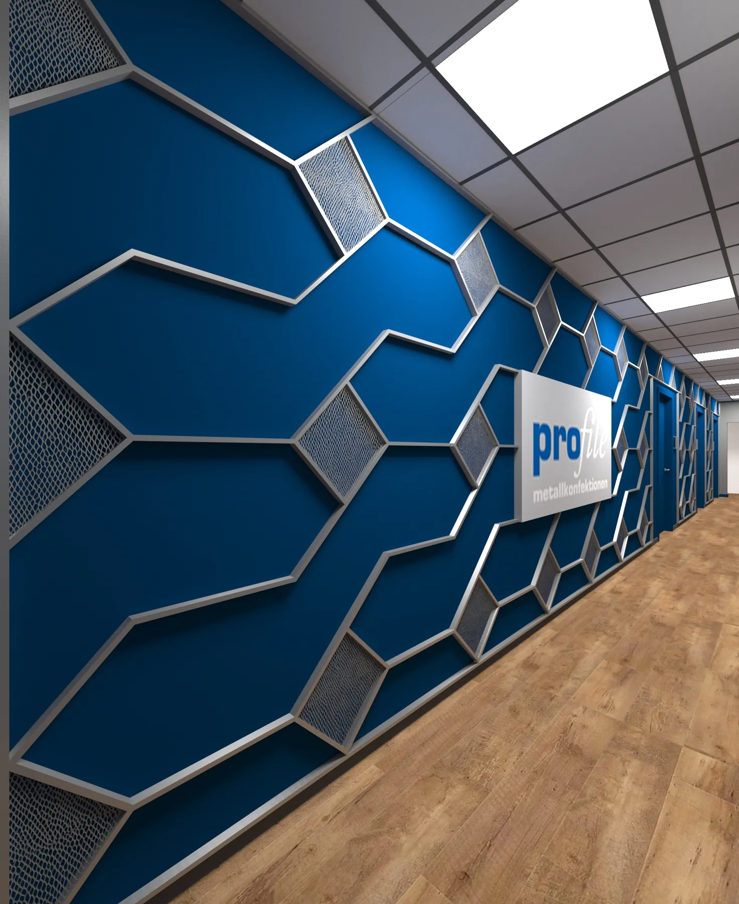 3D-Visualisierung: Flur mit blauer Wabenwand und Logo bei Profile Metallkonfektionen
