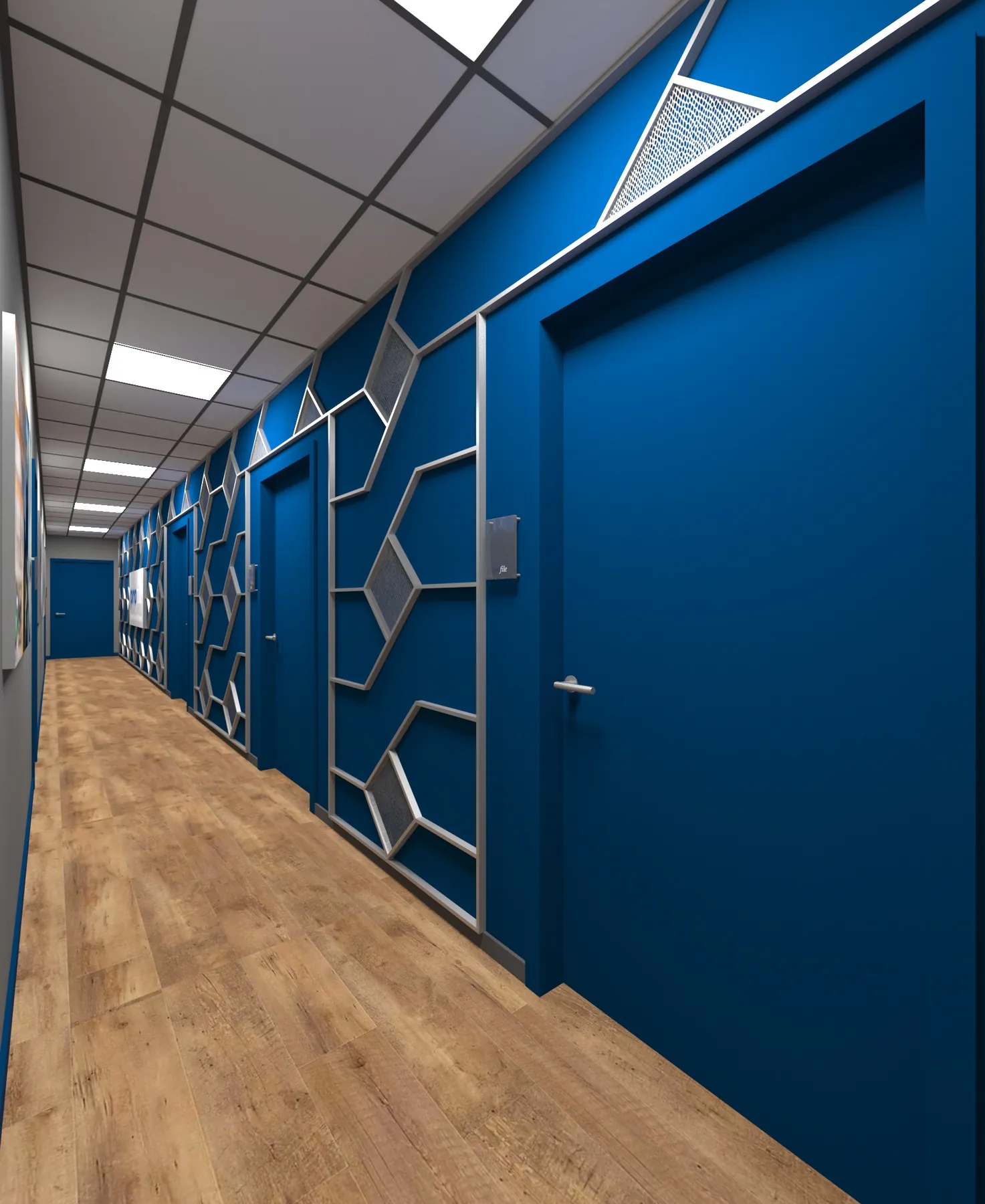 3D-Visualisierung: Flur mit blauen Türen und Wabenrelief bei Profile Metallkonfektionen