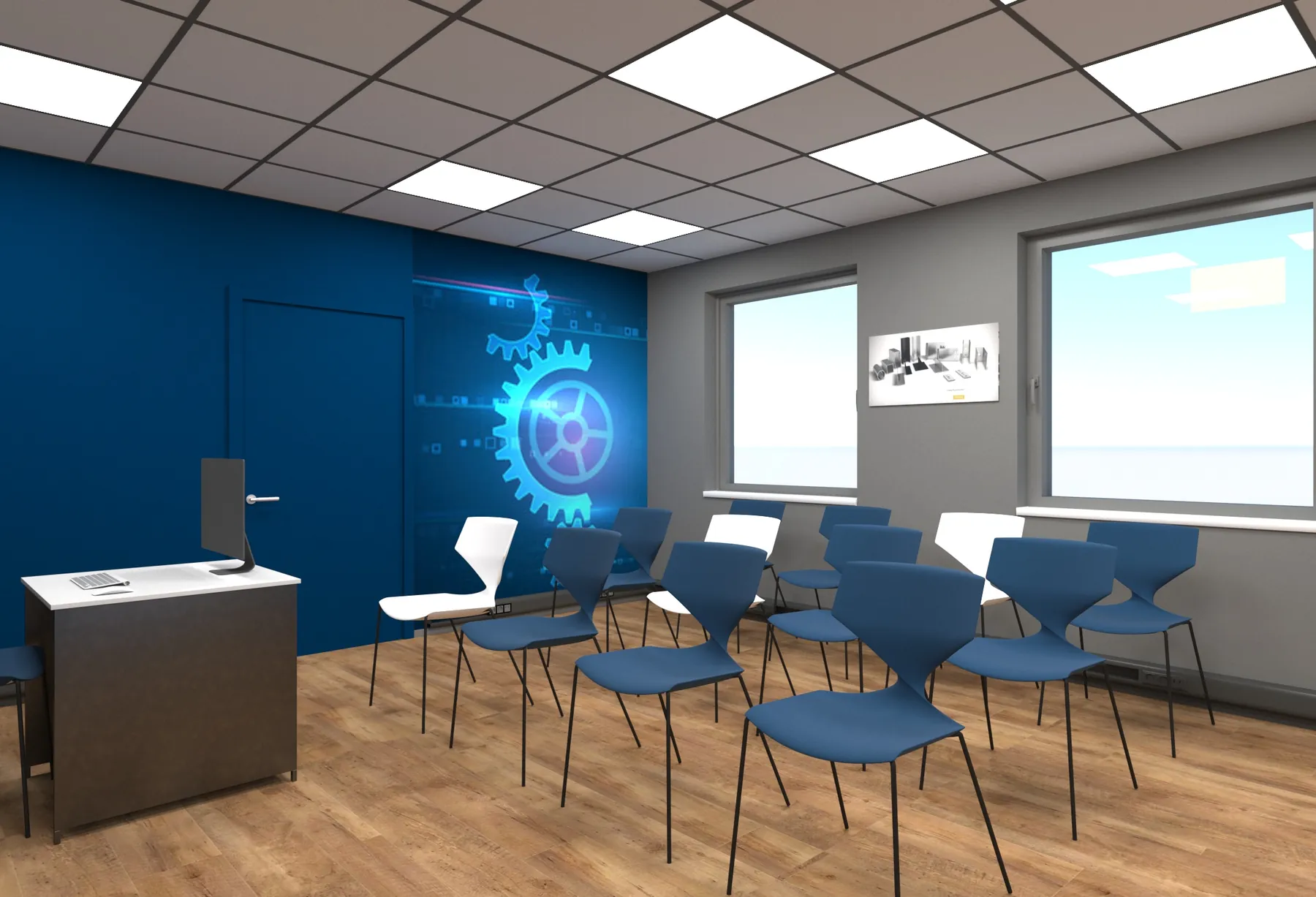3D-Visualisierung: Schulungsraum mit blauer Wand und Zahnrad-Motiv bei Profile Metallkonfektionen