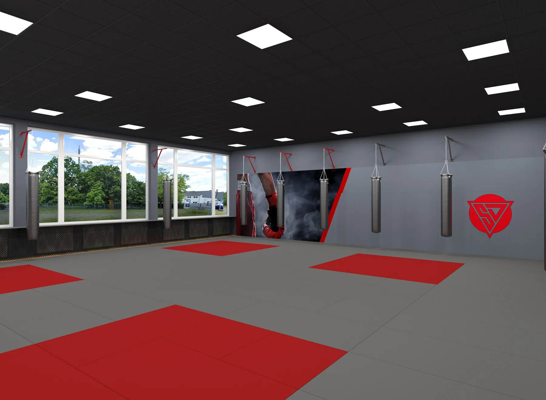 3D-Visualisierung: Trainingsraum mit Boxsäcken und Fensterfront im Saar Dojo