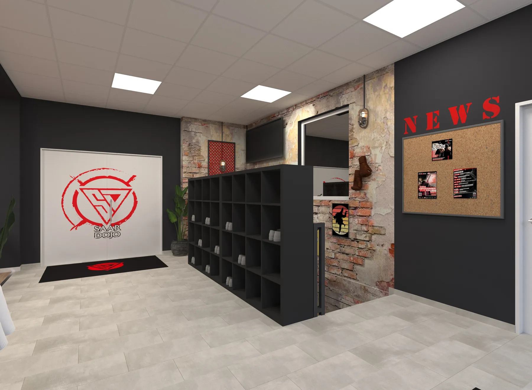 3D-Visualisierung: Eingangsbereich mit Logo und Schuhregalen im Saar Dojo