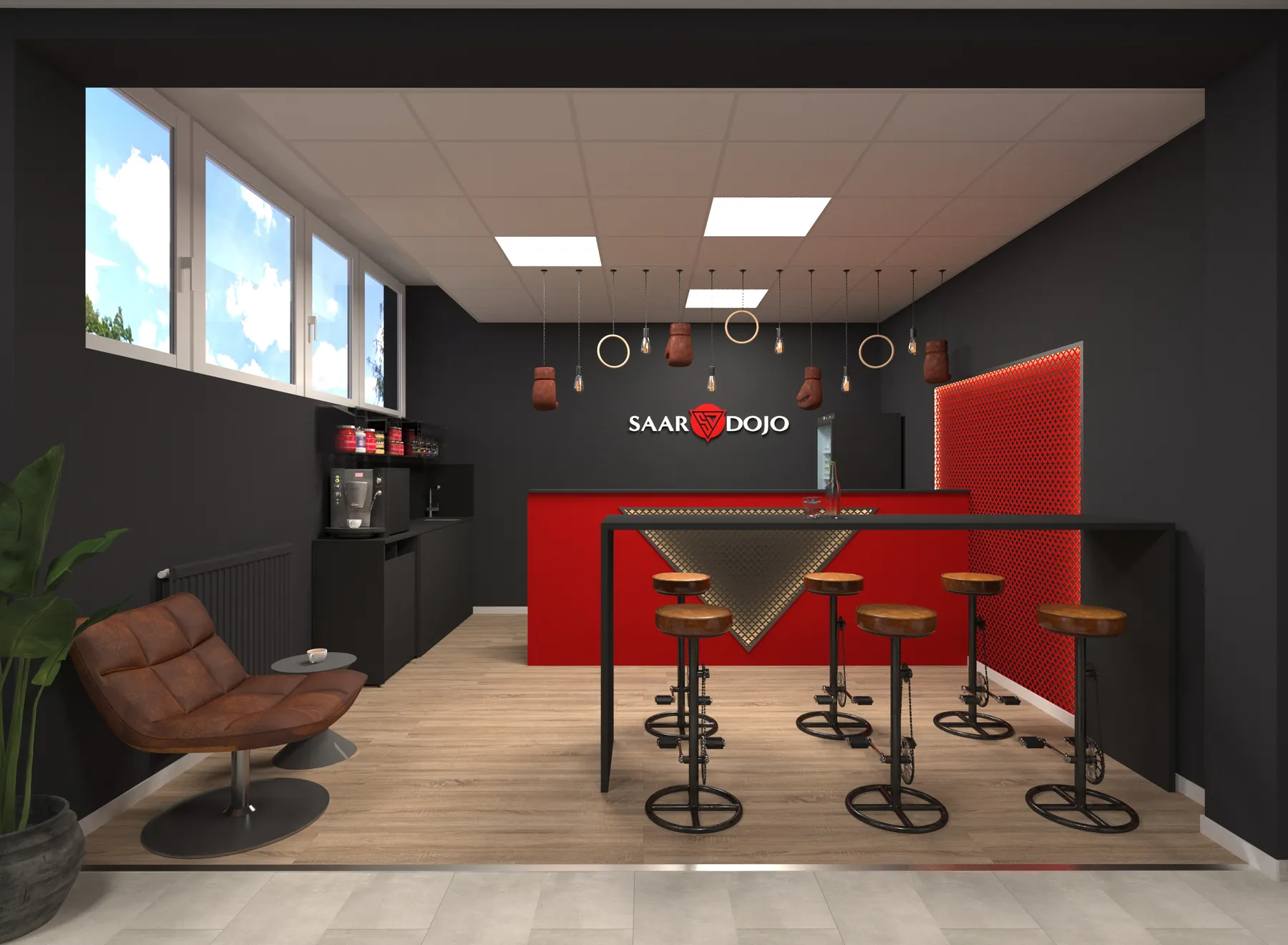 3D-Visualisierung: Empfang mit Bartheke und Hockern im Saar Dojo
