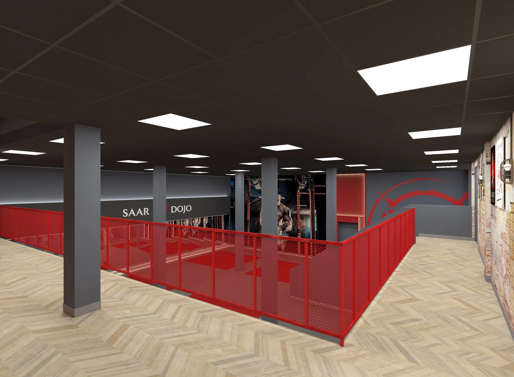 3D-Visualisierung: Galerie mit rotem Geländer über der Trainingshalle im Saar Dojo