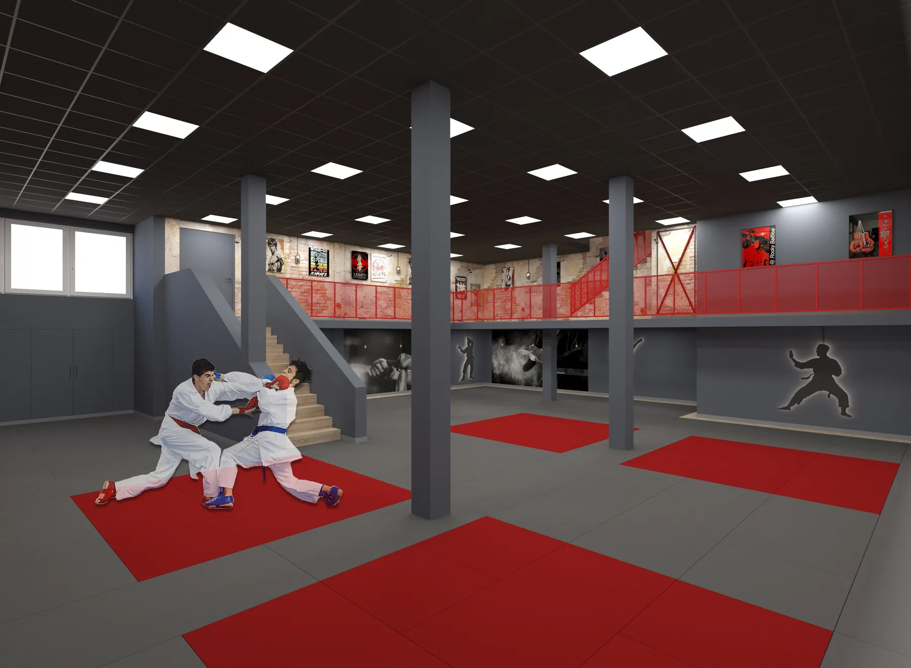 3D-Visualisierung: Trainingshalle mit roten Matten und Galerie im Saar Dojo