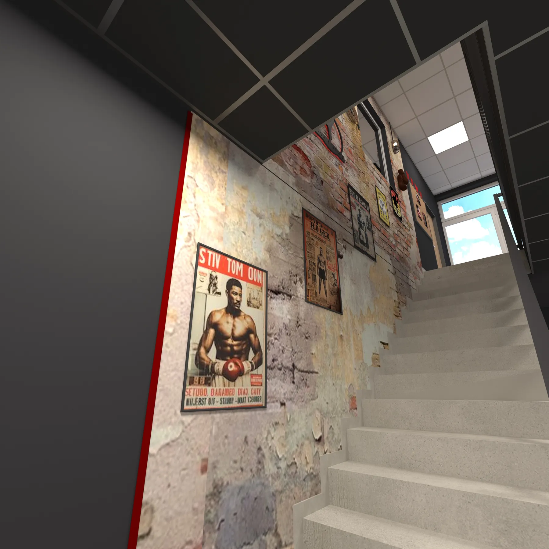 3D-Visualisierung: Treppenhaus mit Ziegelwand und Plakaten im Saar Dojo