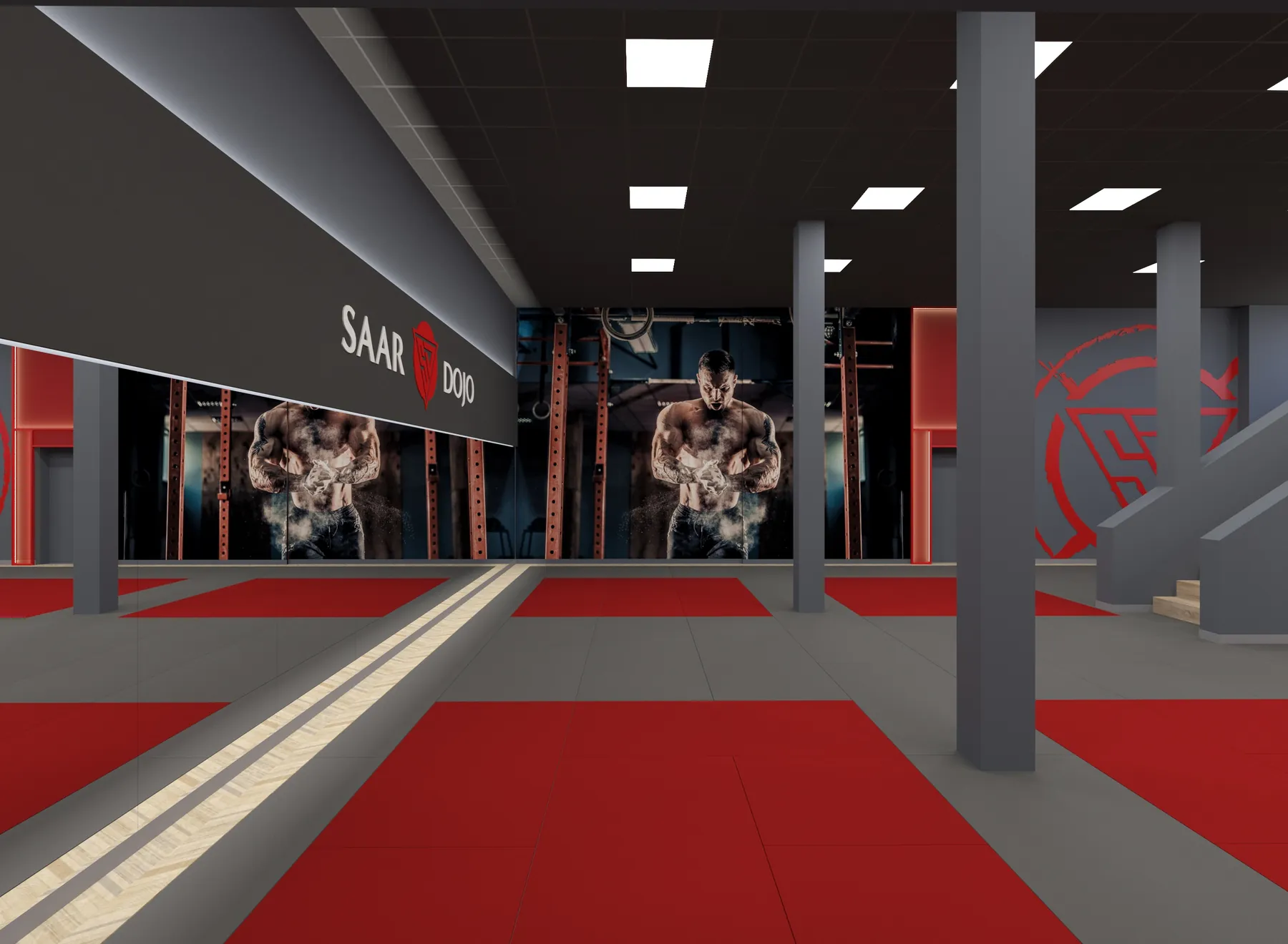 3D-Visualisierung: Trainingsfläche vor großformatigem Wandbild im Saar Dojo